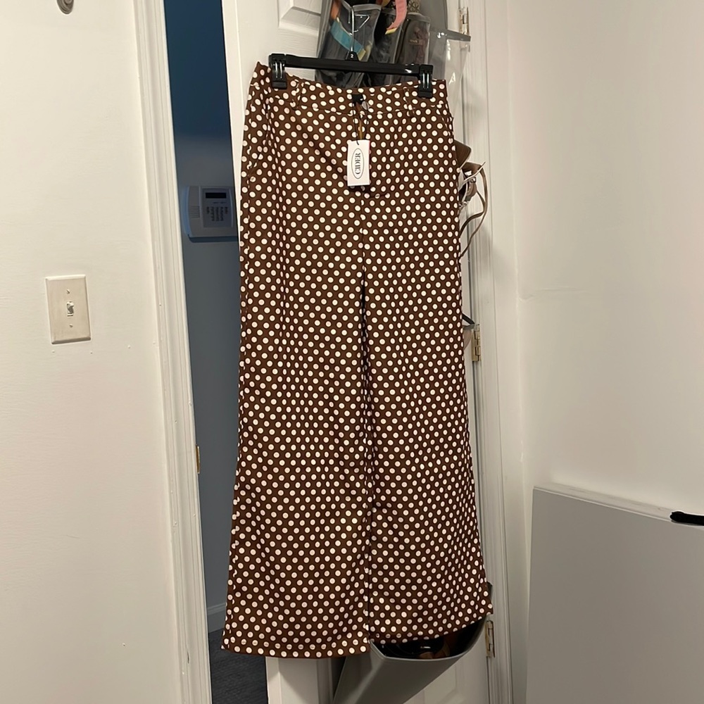 Cider brown polka dot women’s flared trousers